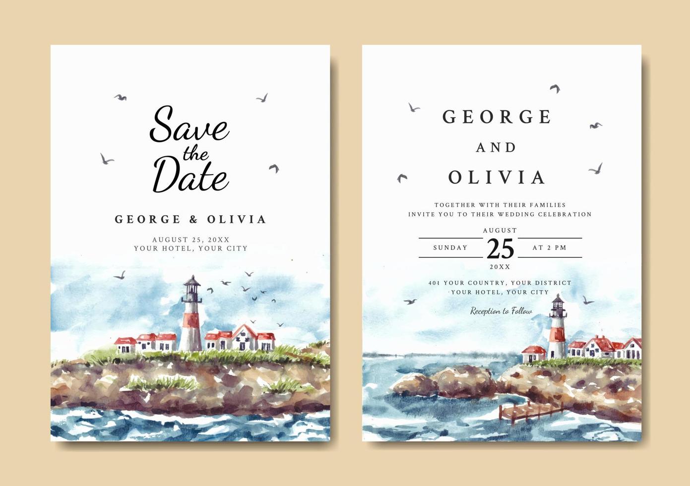 Wedding invitation of nature landscape with lighthouse and sea cliff watercolor vector