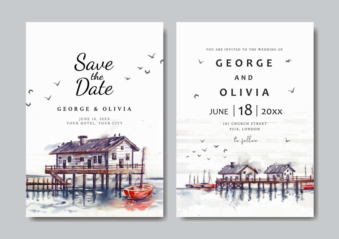 Watercolor wedding invitation of nature landscape with house and harbor view vector