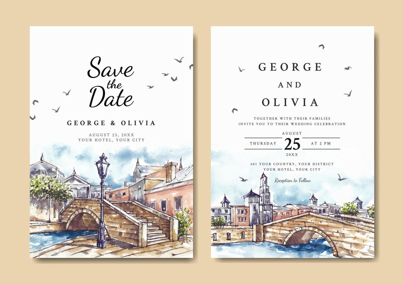 Wedding invitation of stone bridge and lamp post watercolor vector