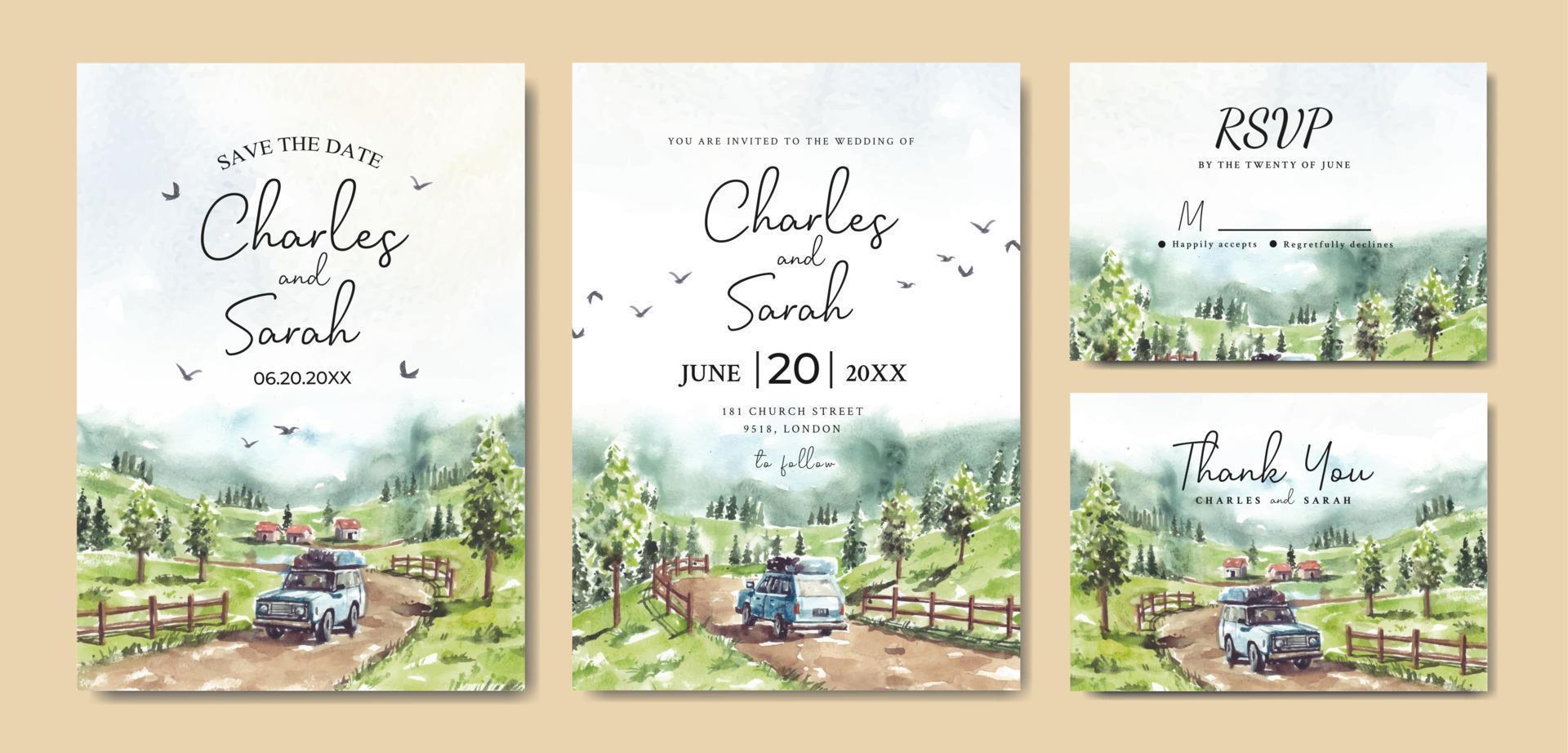 Wedding invitation set of nature landscape with road trip watercolor vector