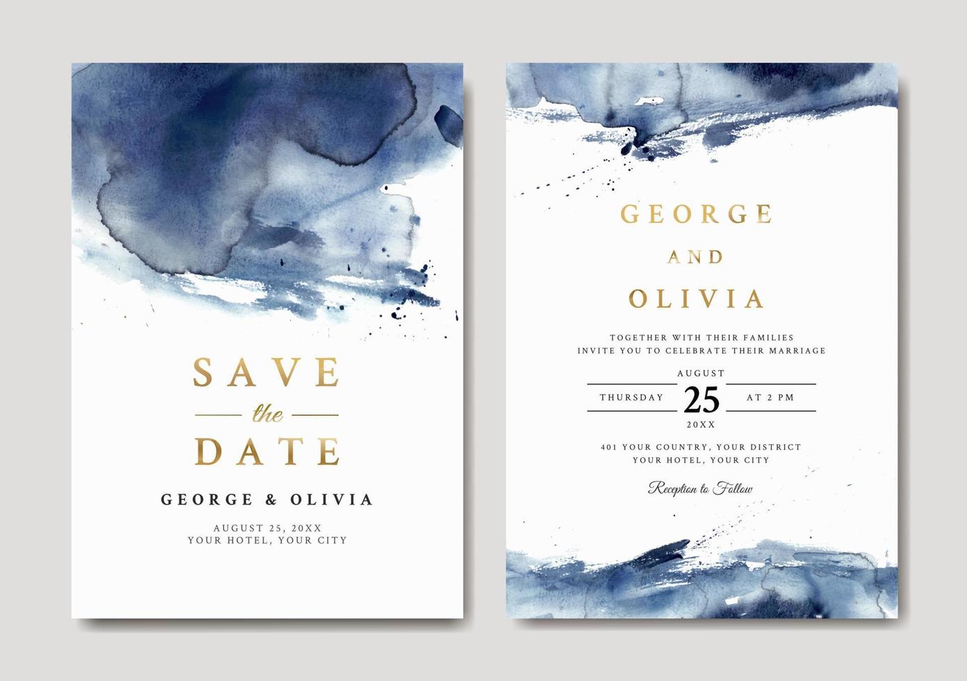 Blue abstract watercolor wedding invitation template vector