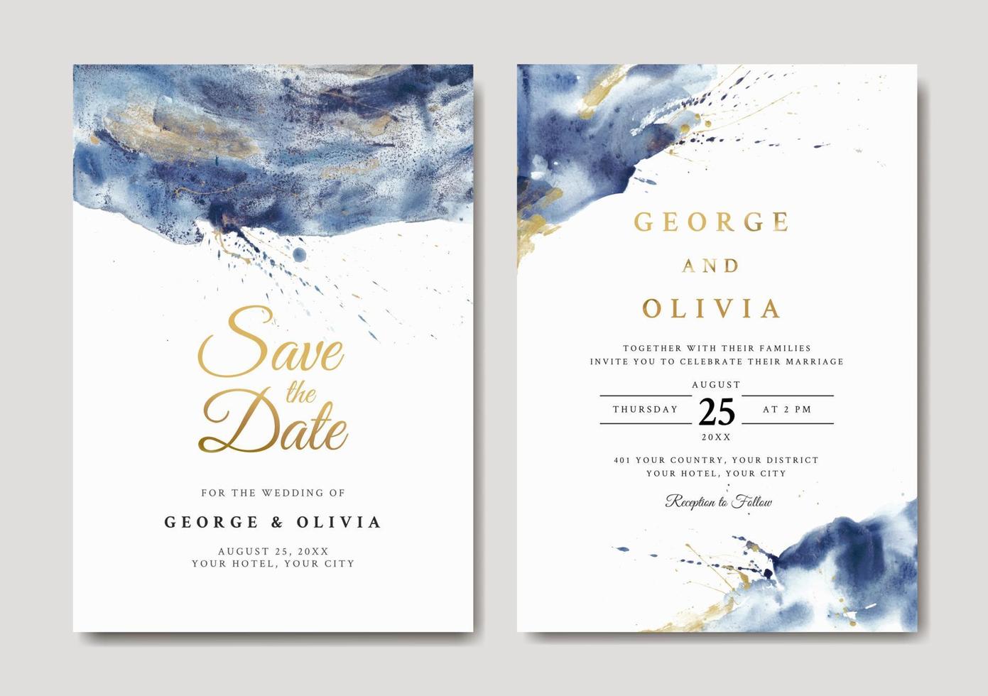 Blue and gold abstract watercolor wedding invitation template vector