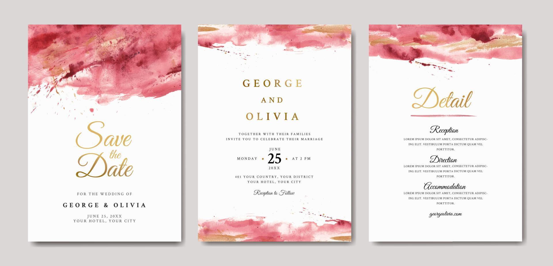 plantilla de invitación de boda de acuarela abstracta roja con texto dorado vector