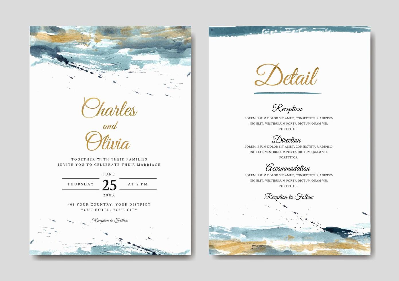 elegante plantilla de invitación de boda de acuarela abstracta azul y dorada vector