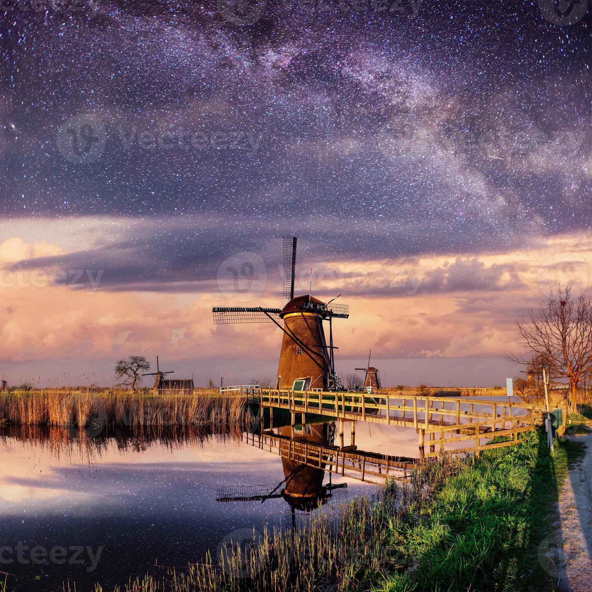 Dutch mill at night. Starry sky. Holland. Netherlands 6466019 Stock