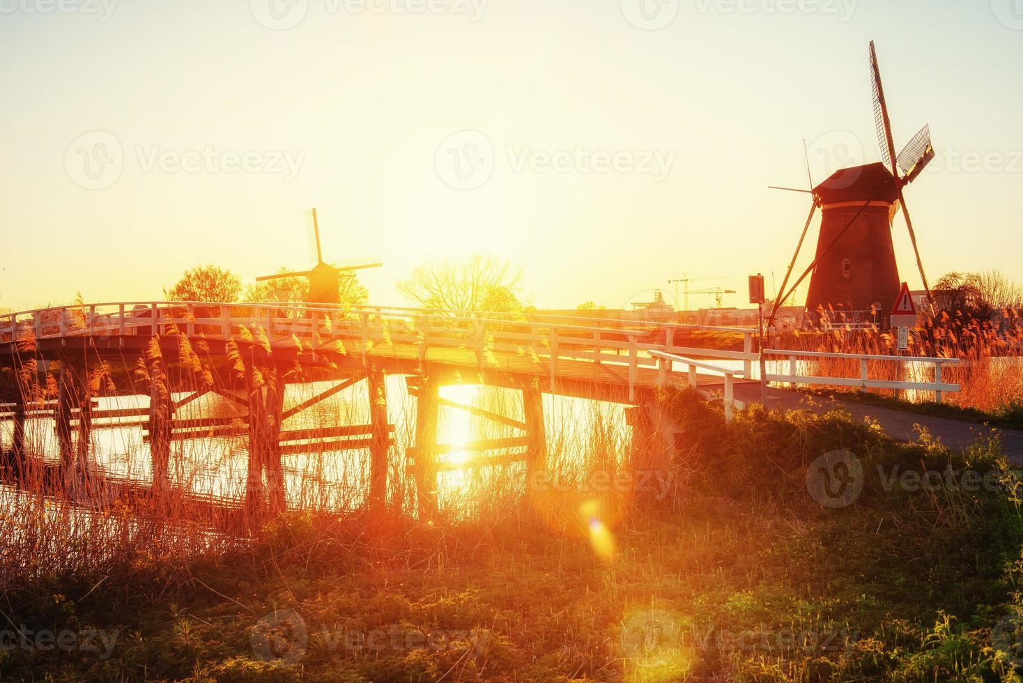 molinos de viento holandeses tradicionales del canal rotterdam. Holanda foto