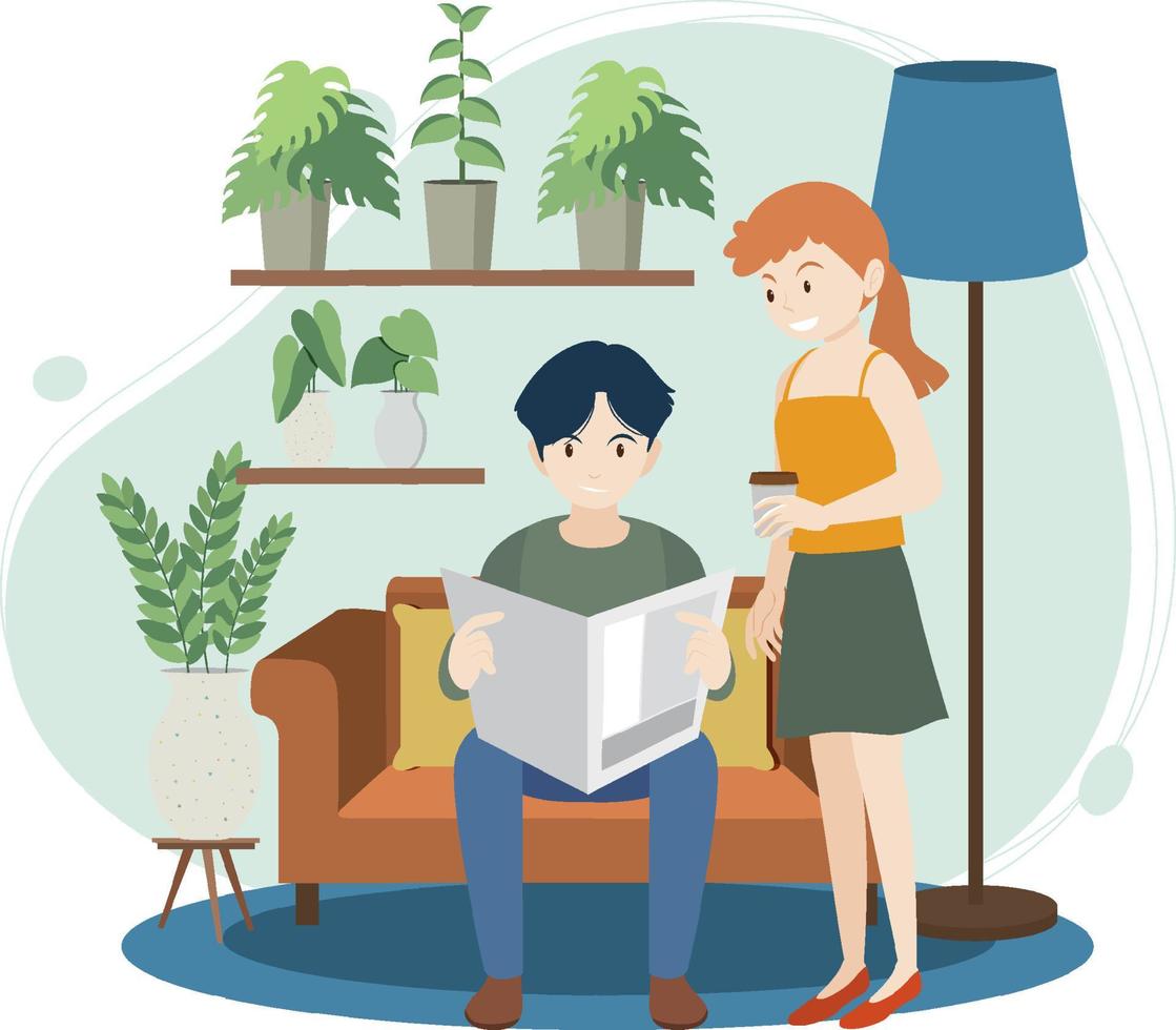 A man reading newspaper and woman holding coffee flat design at home vector