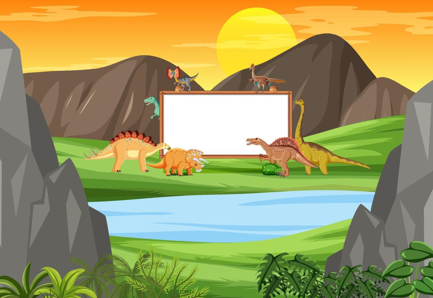 Scene with dinosaurs and whiteboard in the forest vector