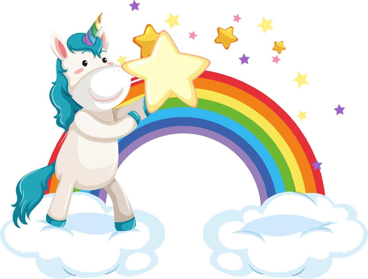 Unicorn standing on a cloud with rainbow in cartoon style vector