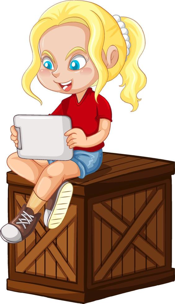 una niña feliz sentada en una caja y una tableta de juego vector
