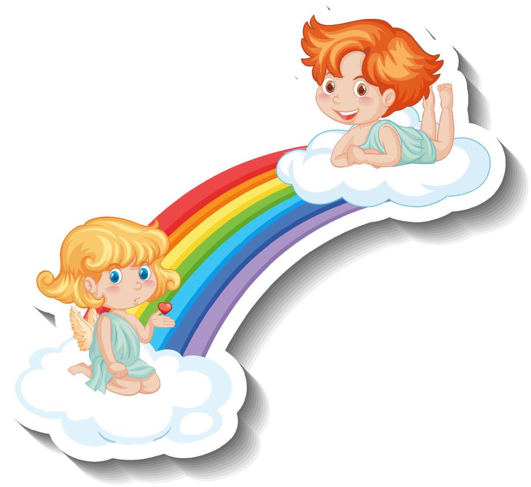 Two little cupids on rainbow in cartoon style vector