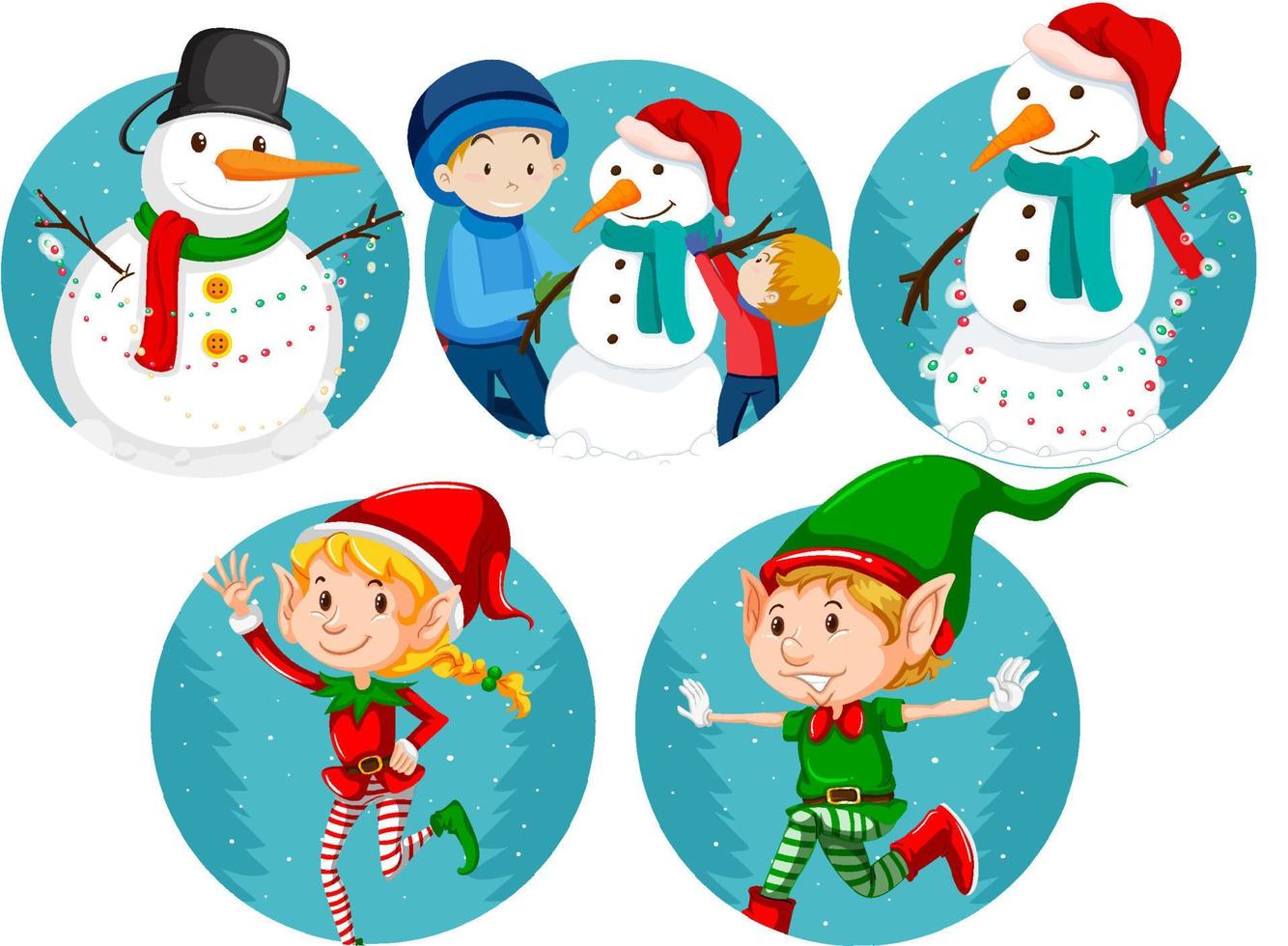 Set of Christmas theme with Santa, snowman, family vector