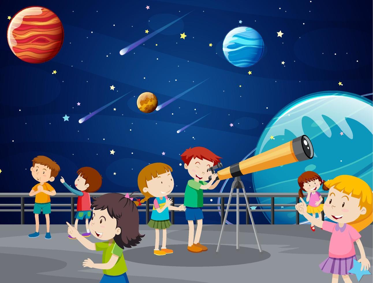 A Kids Looking at the planet with Telescop at observatory vector