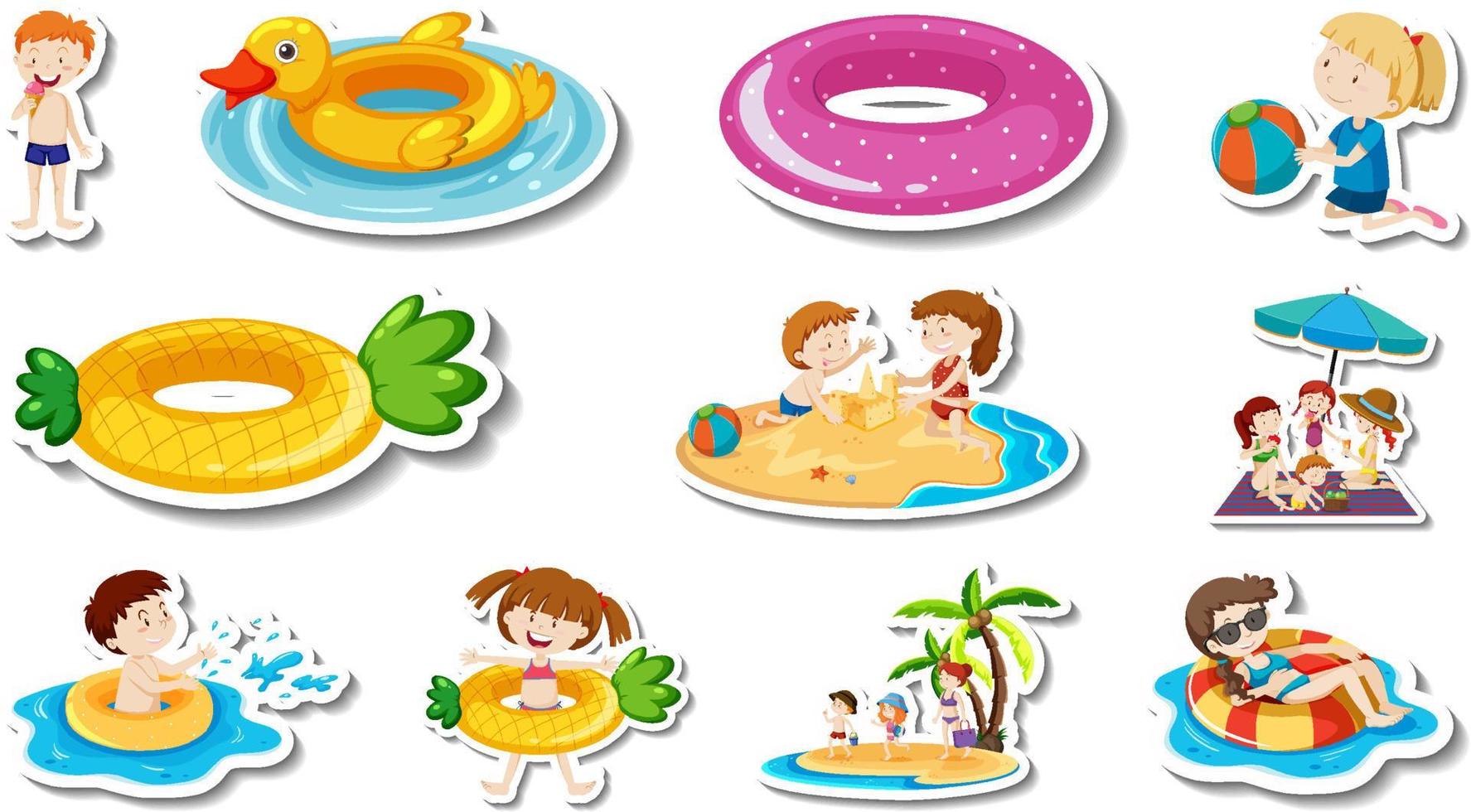 conjunto de artículos de playa de verano y niños. vector