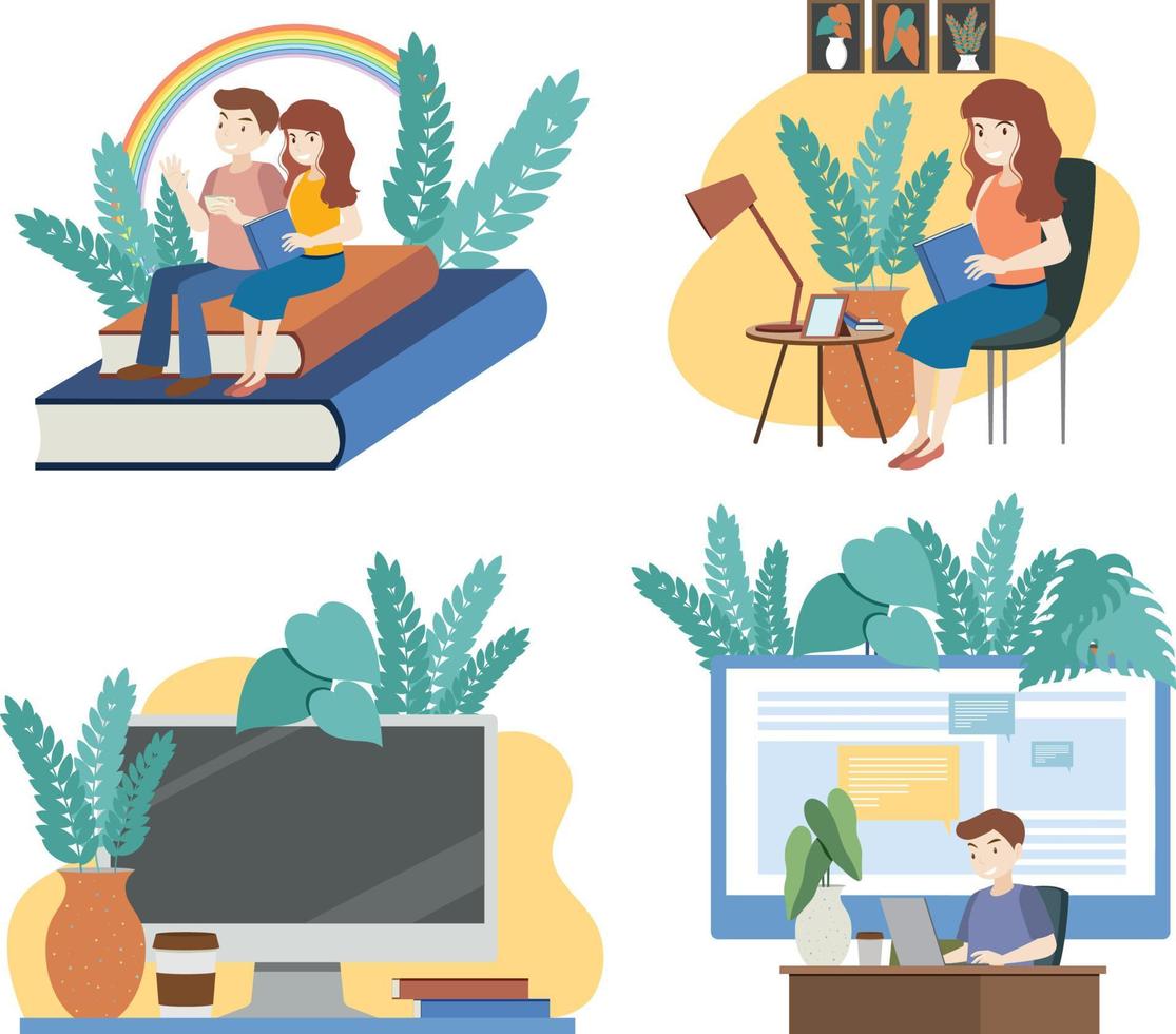 Four scenes of people working at home vector