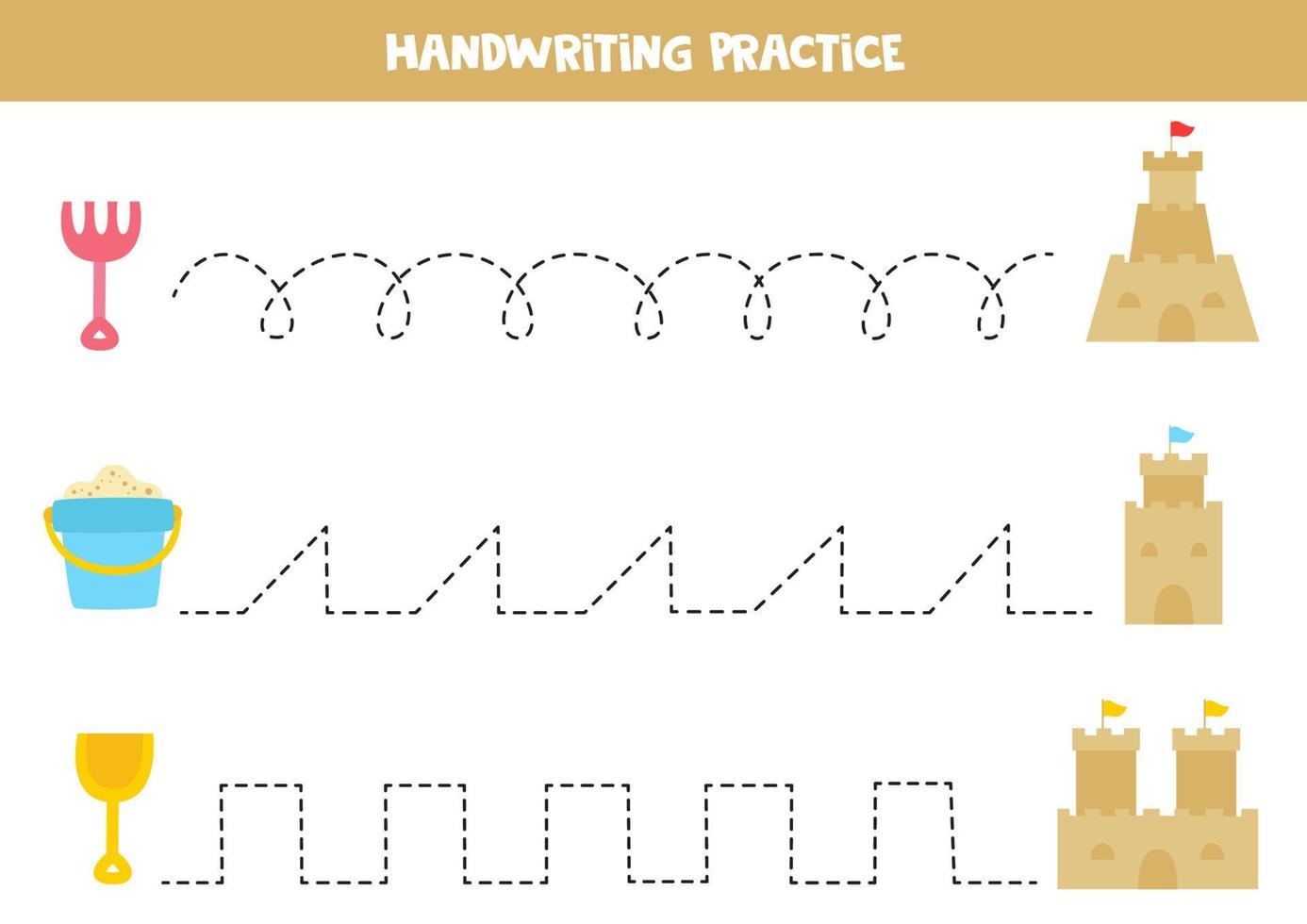 Tracing lines with cute sand castles. Writing practice. vector