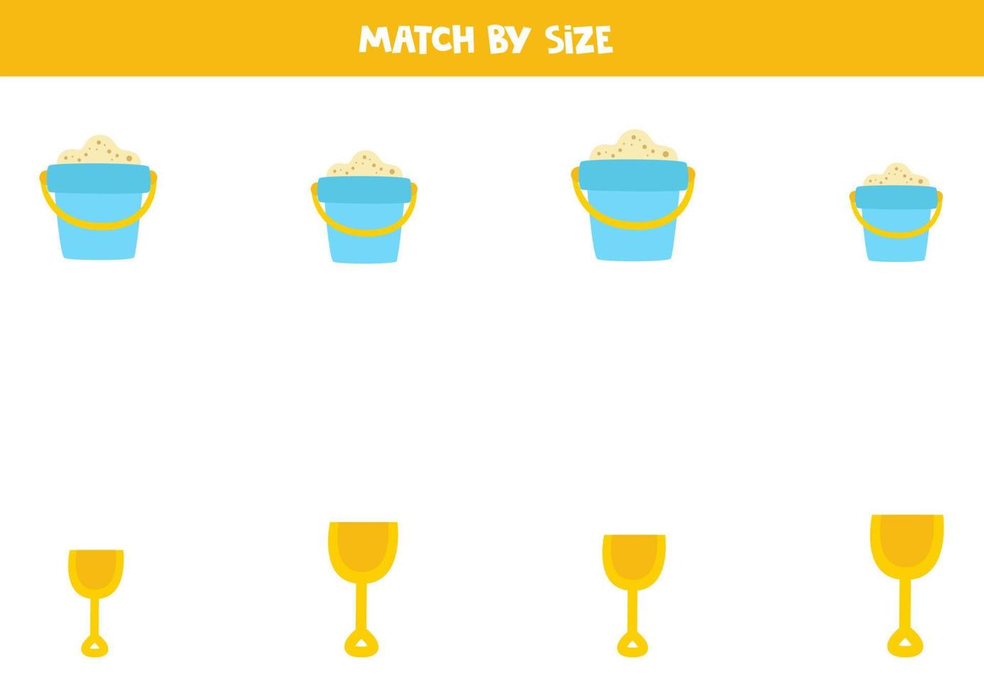 Matching game for preschool kids. Match shovels and pails by size. vector
