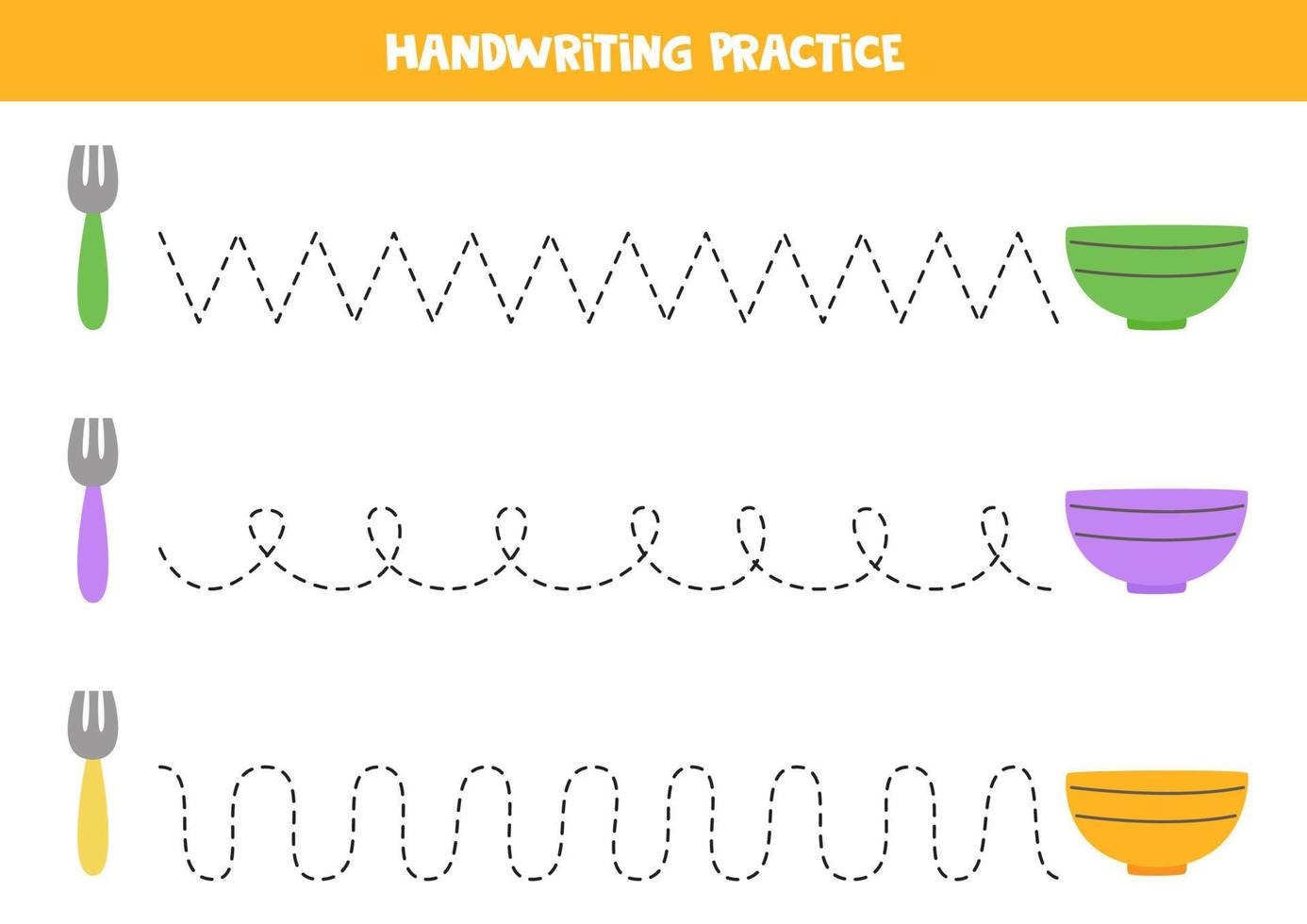 Tracing lines with colorful bowls and forks. Writing practice. vector