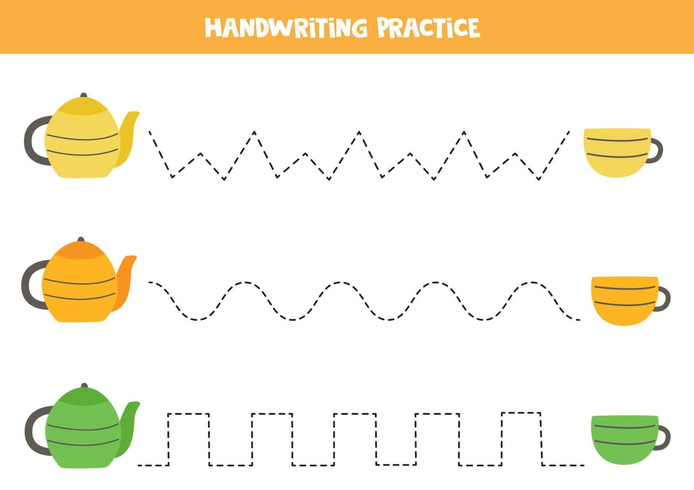 Tracing lines with colorful teapots and cups. Writing practice. vector