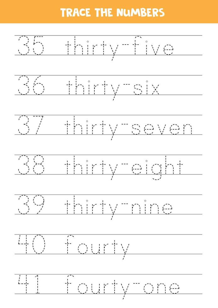 Tracing numbers from 35 to 41. Writing practice. vector