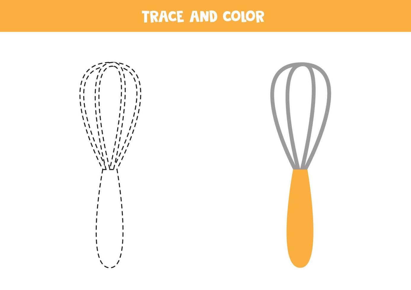 Trace and color kitchen whisk. Worksheet for children. vector