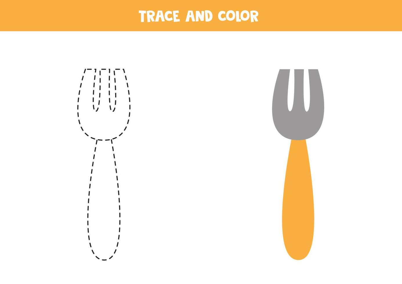 Trace and color kitchen fork. Worksheet for children. vector