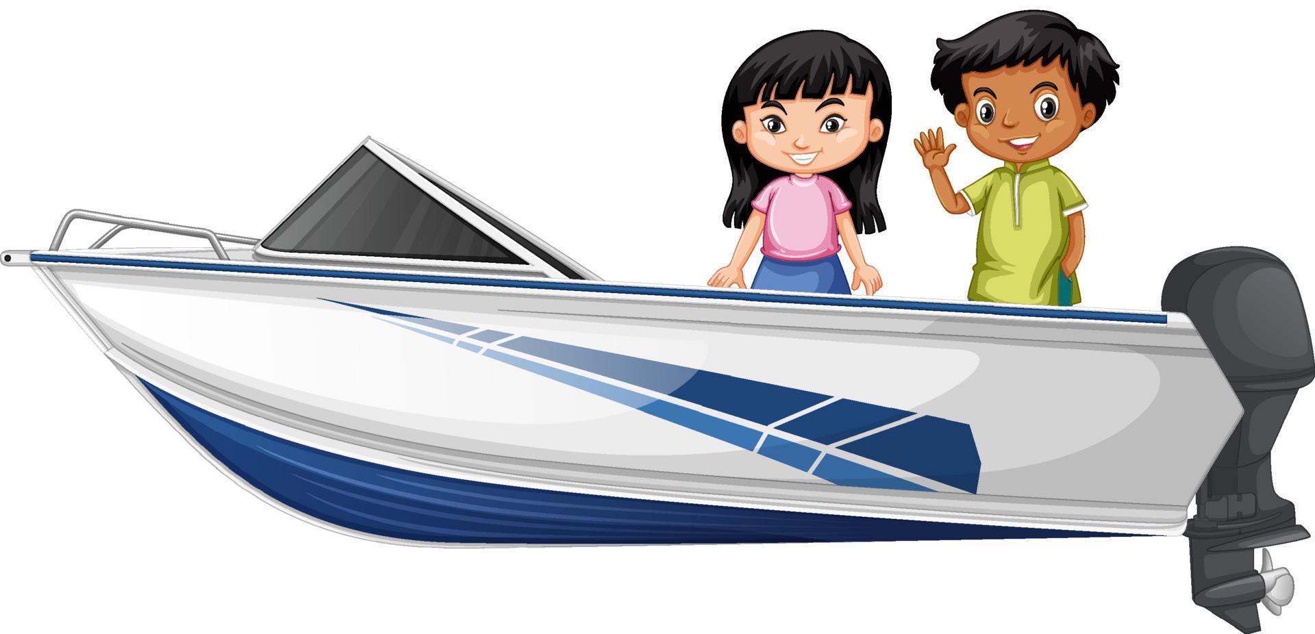 Boy and girl standing on a speeding boat on a white background vector