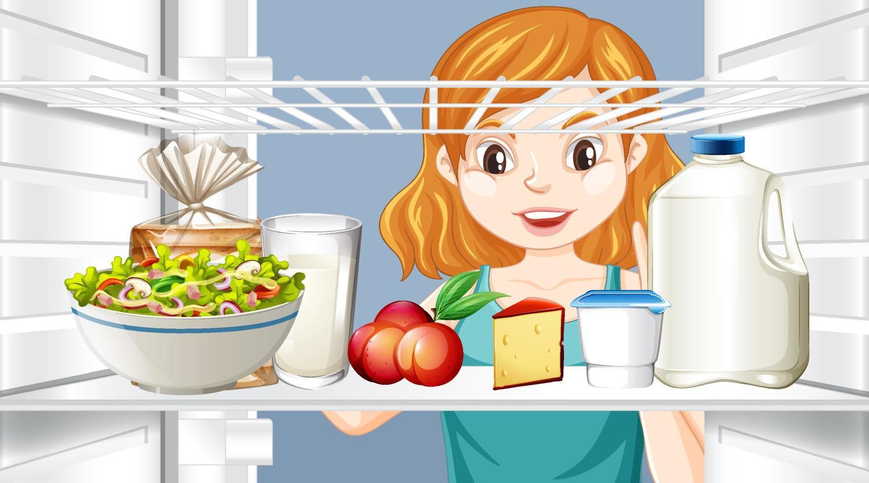 Girl looking at food in fridge vector