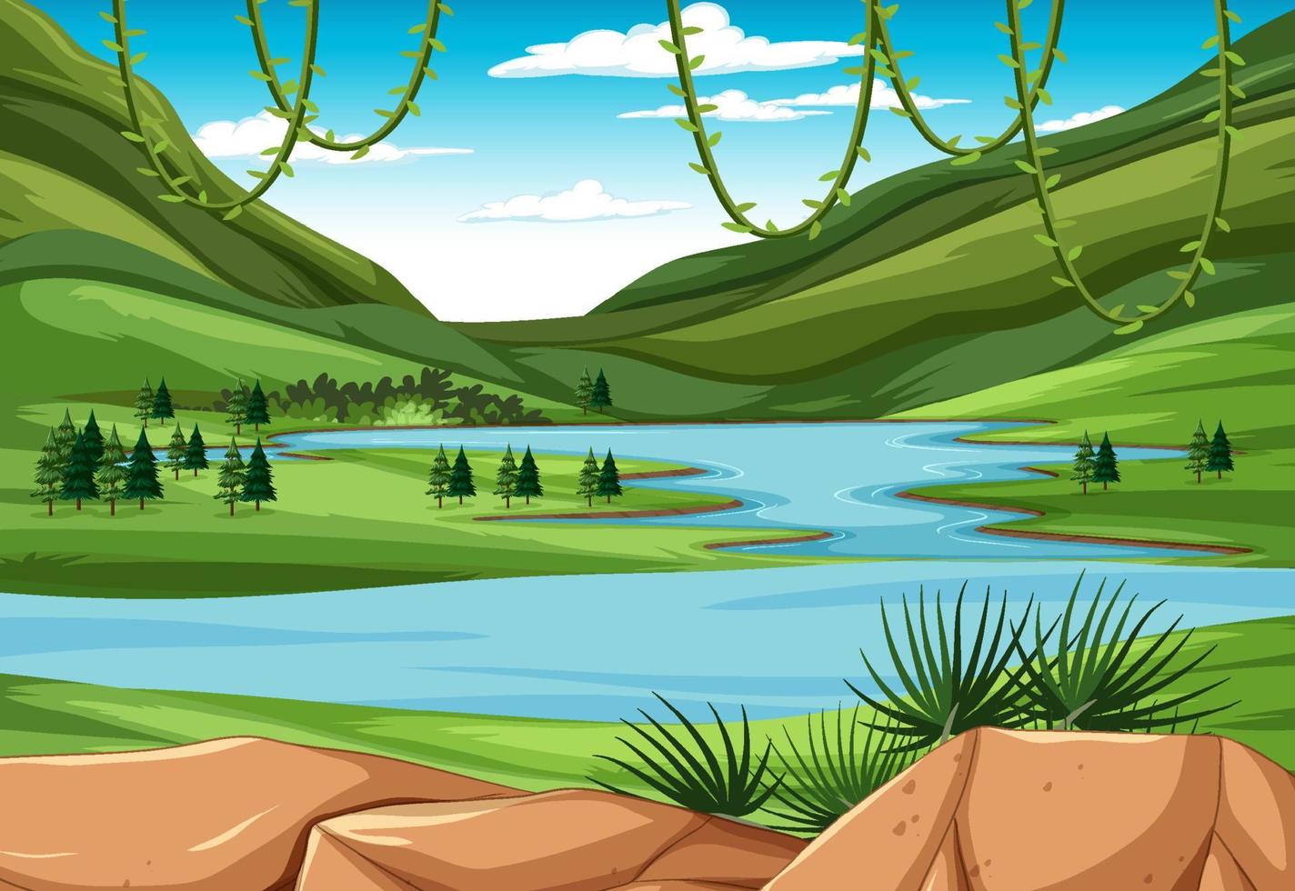 escena con rio en el bosque vector