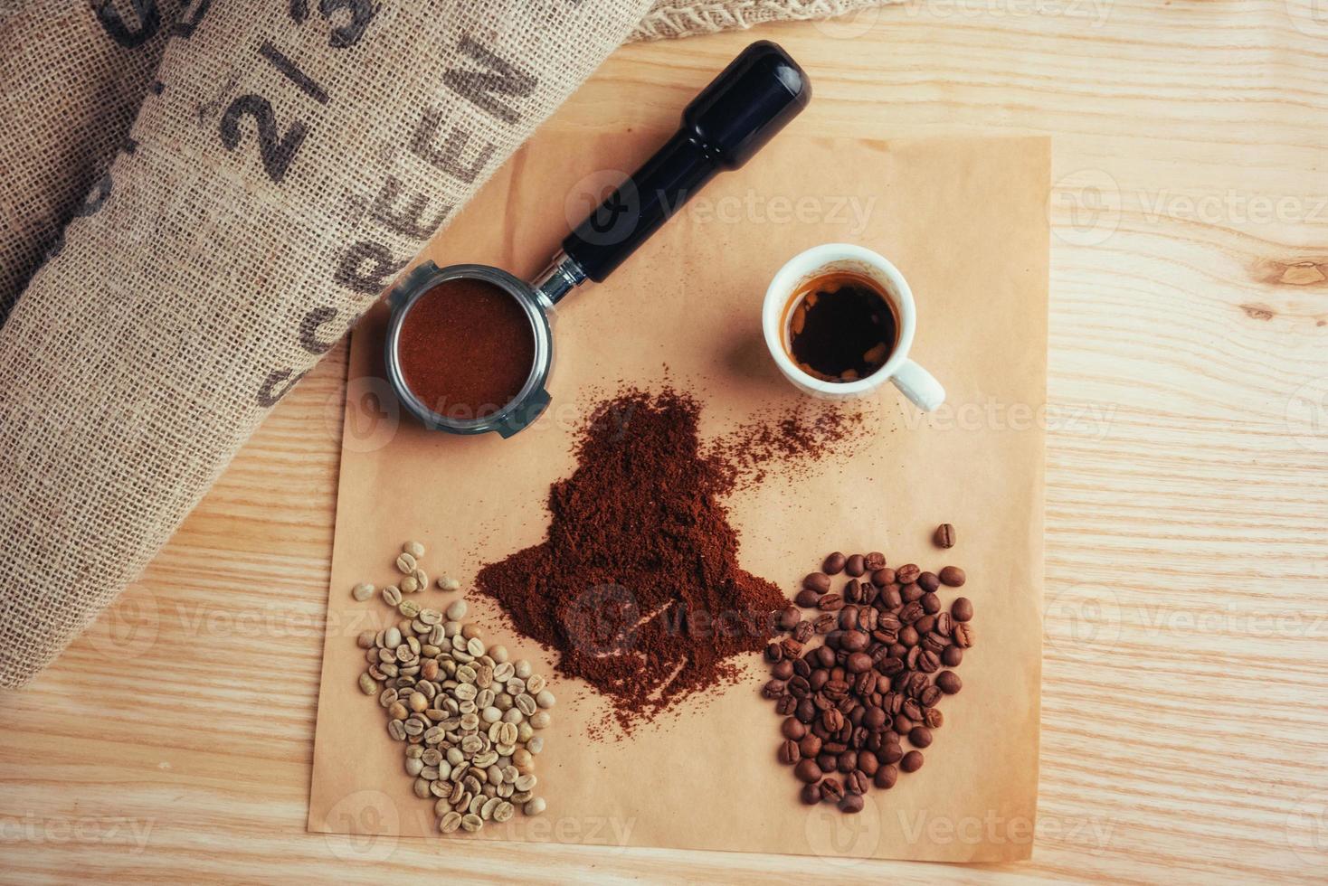 Top view cup of coffee and three different varieties photo