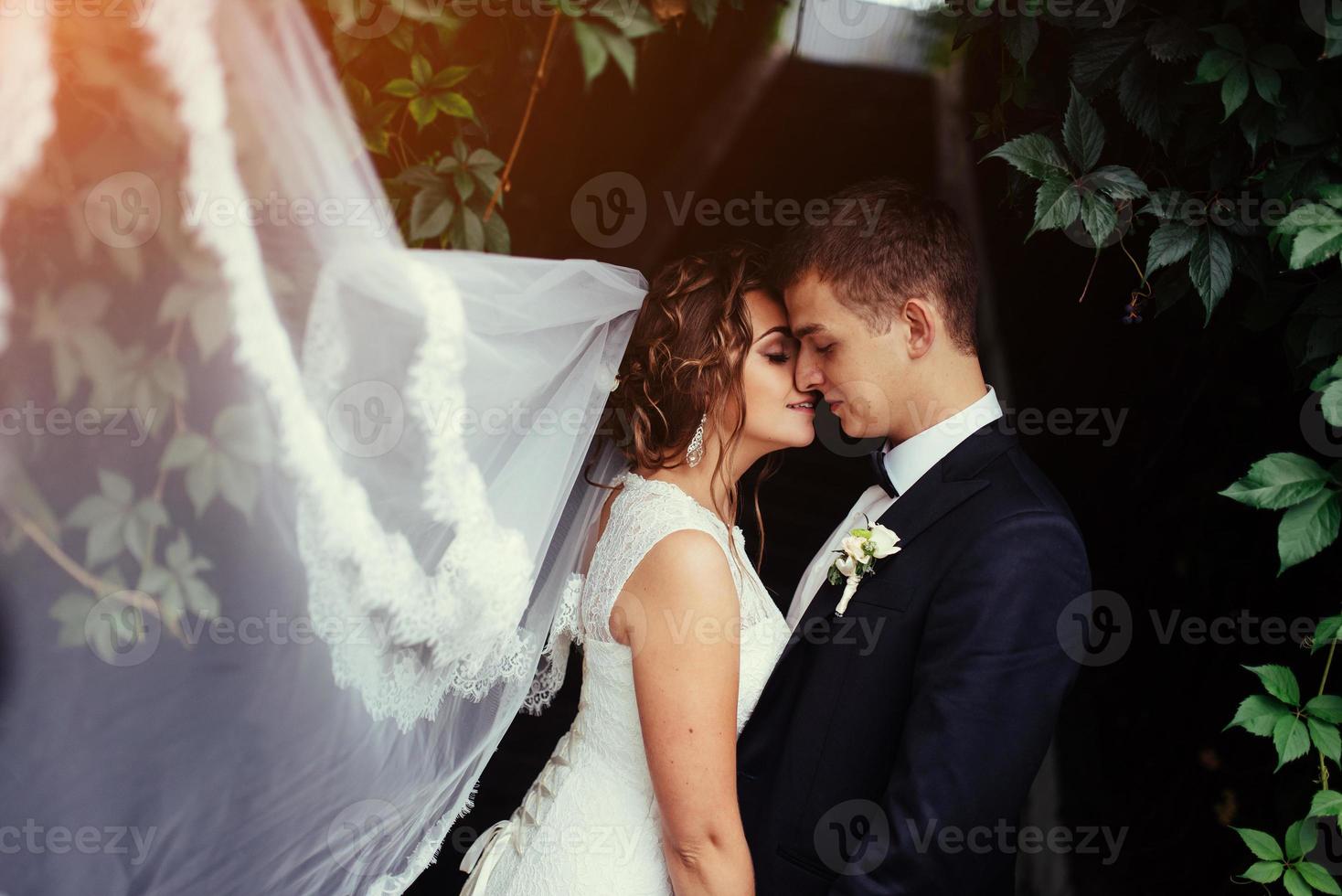 Young bride hugging her groom in beautiful park photo