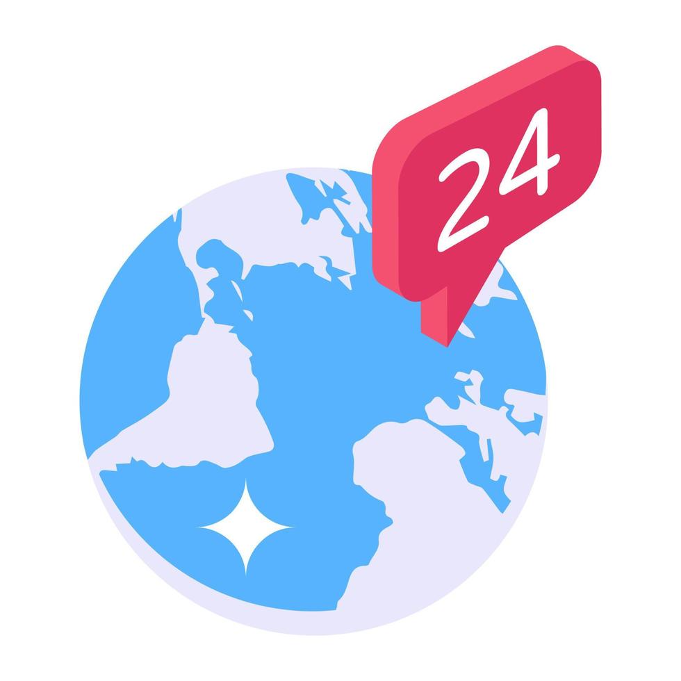 24 hours worldwide support isometric icon vector