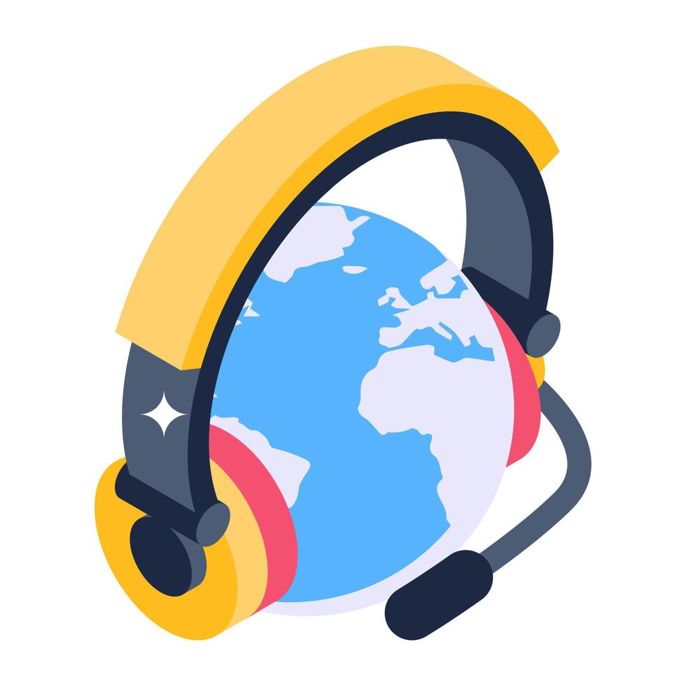 Headphones over the globe, global support isometric icon vector