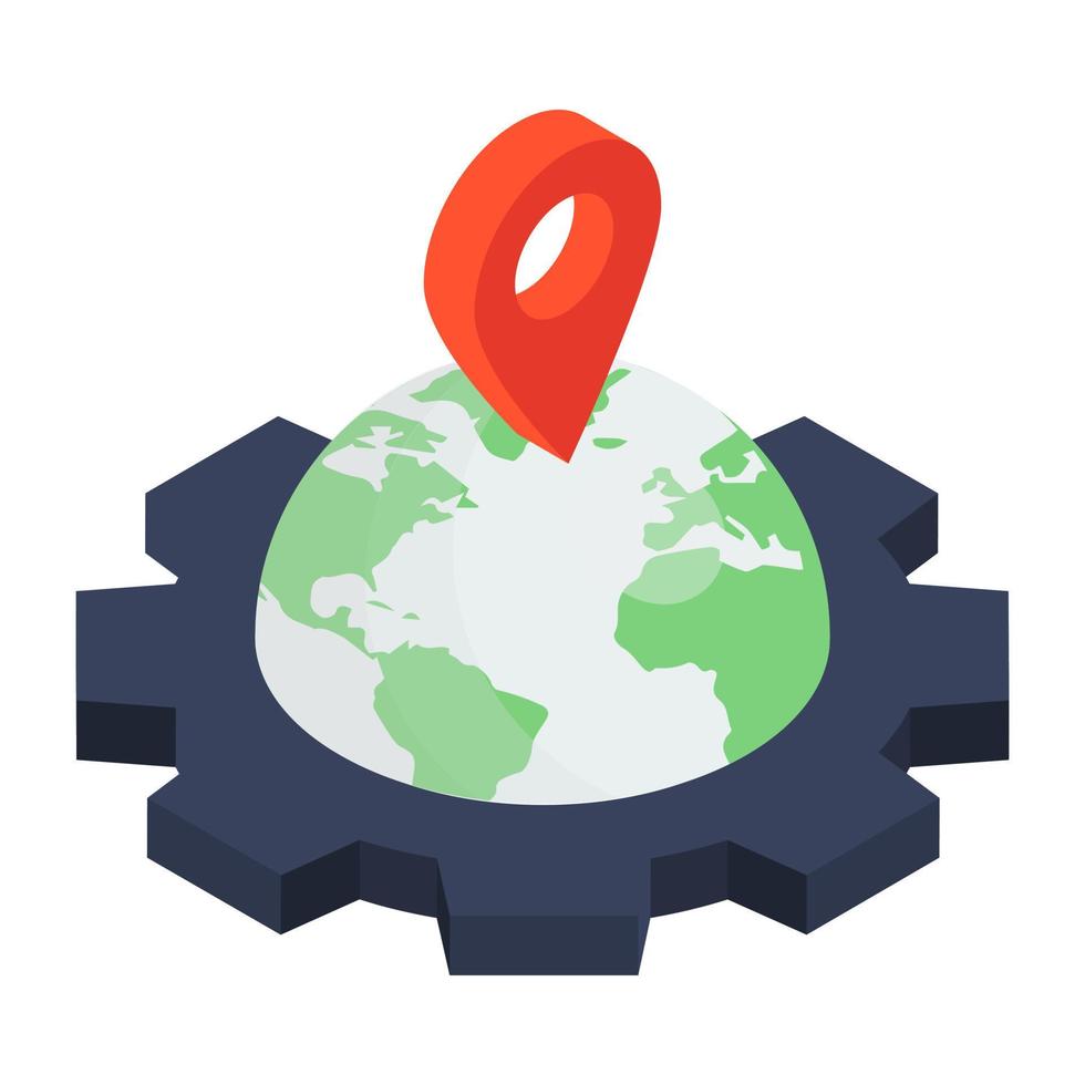 Icon of global positioning system, pin over a globe with gear around vector