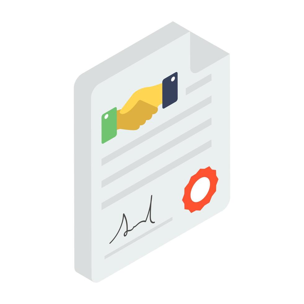 Agreement document with signature denoting contract in isometric icon vector