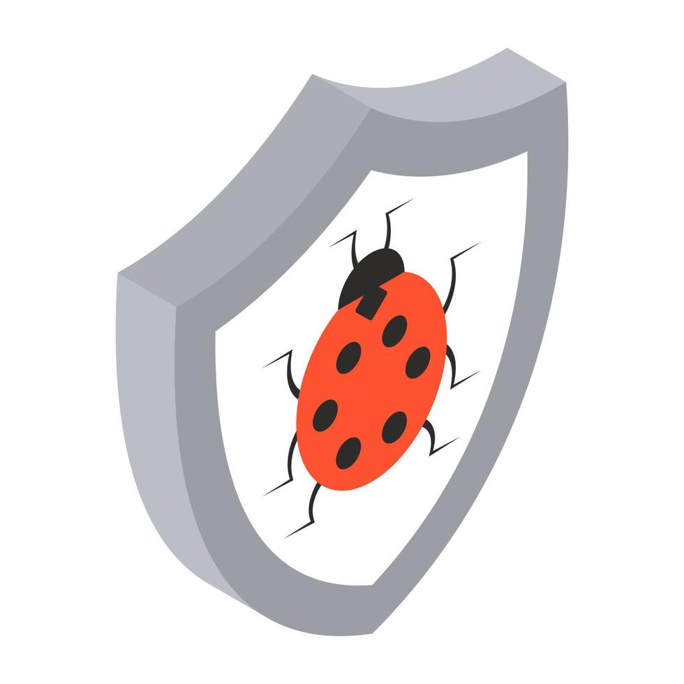 Bug inside safety shield, antivirus isometric icon vector