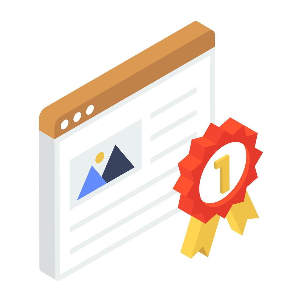 Number one award with webpage, best website isometric icon vector