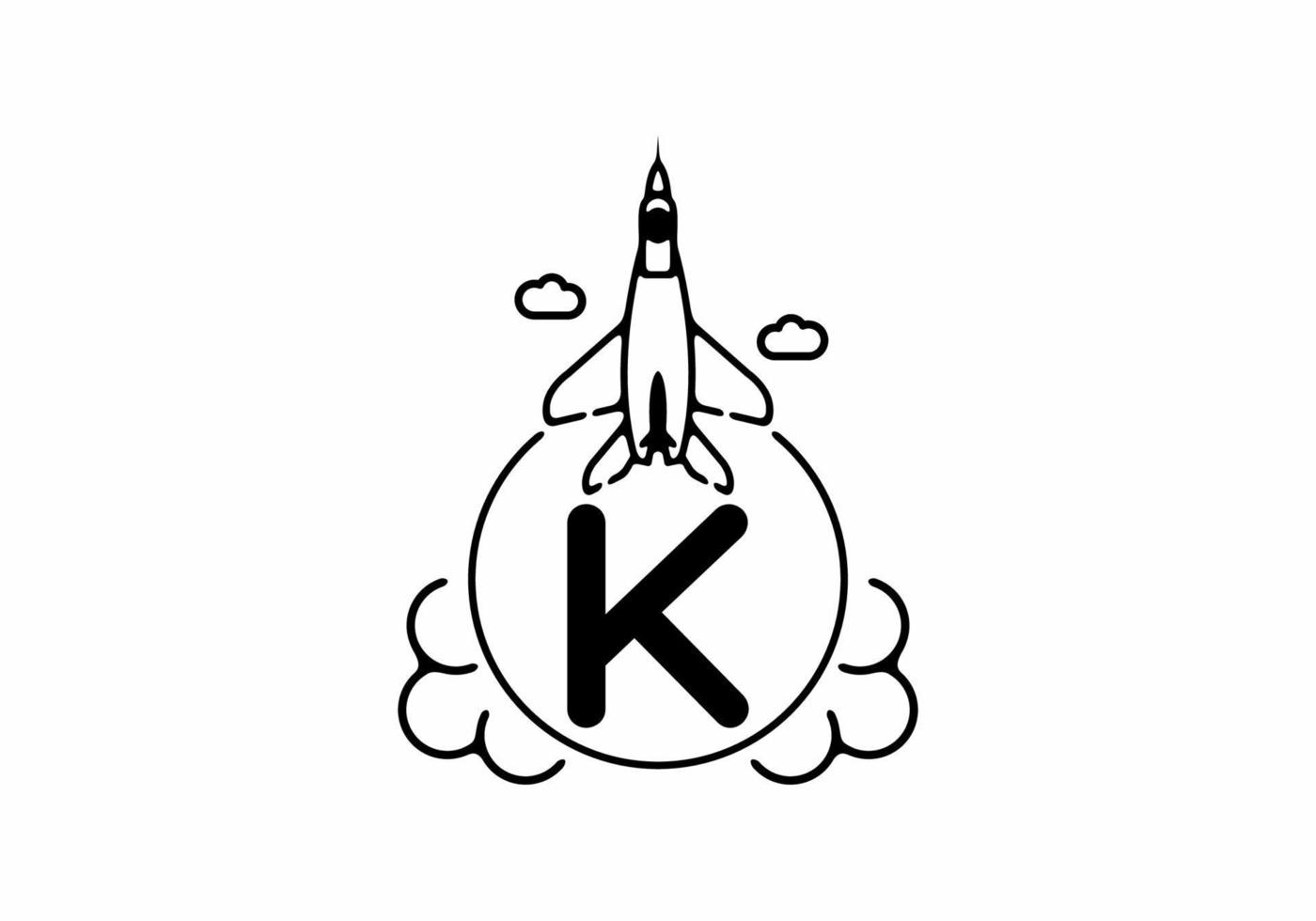 Black line art of K initial letter with flying jet vector