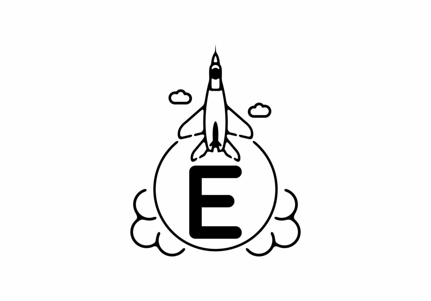 Black line art of E initial letter with flying jet vector