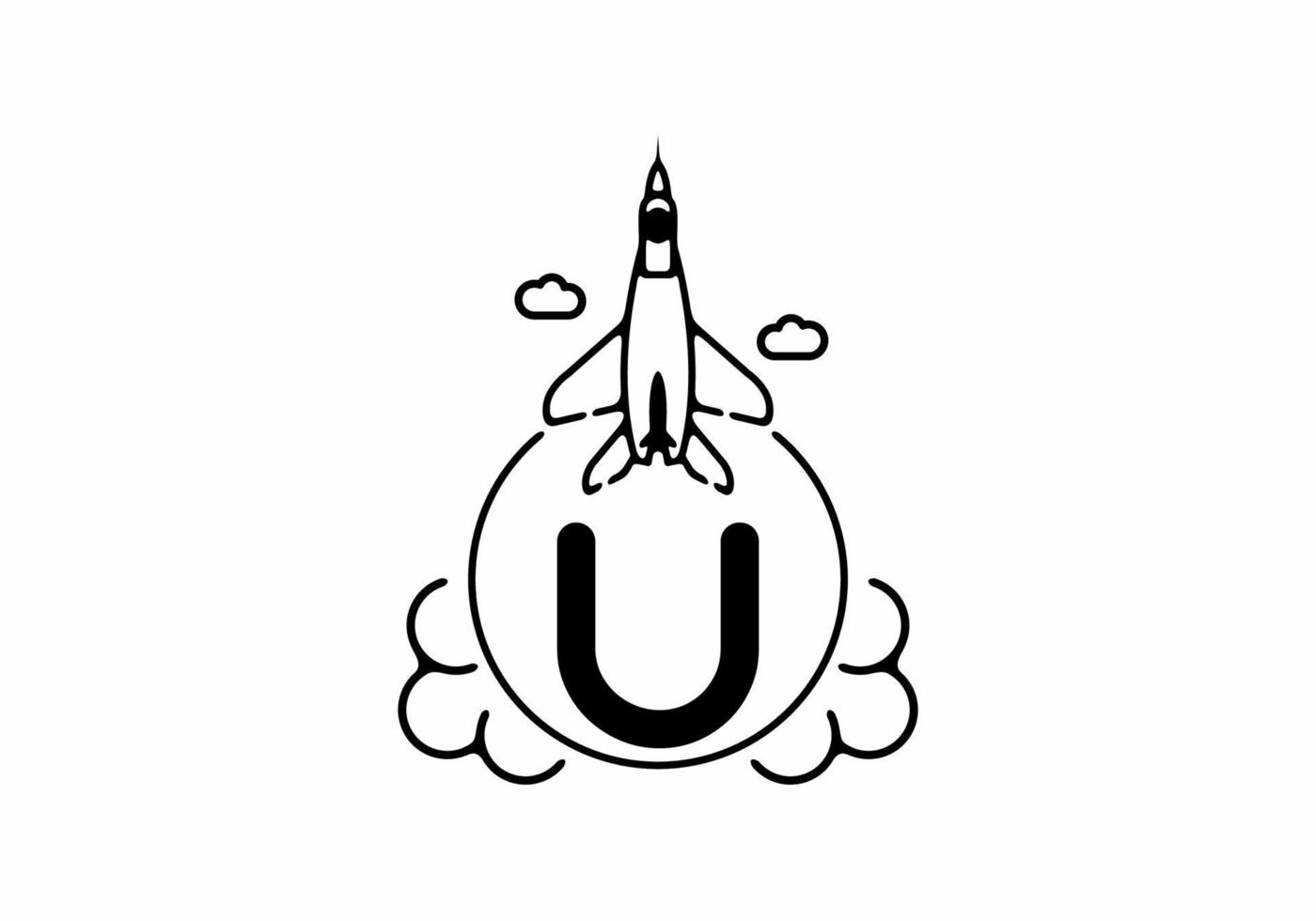 Black line art of U initial letter with flying jet vector