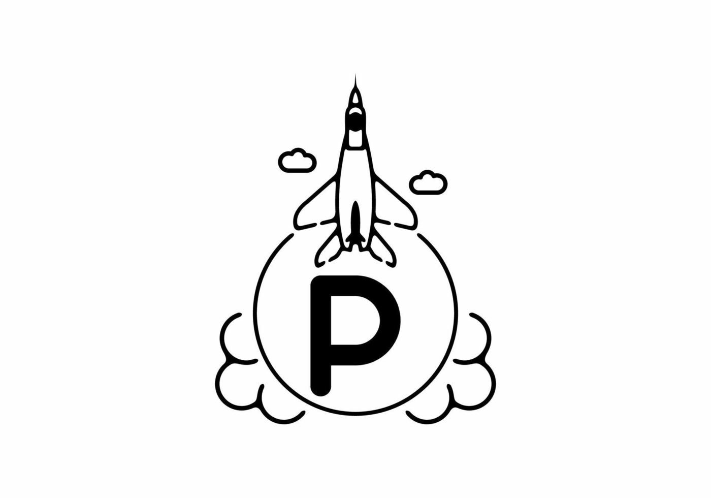 Black line art of P initial letter with flying jet vector