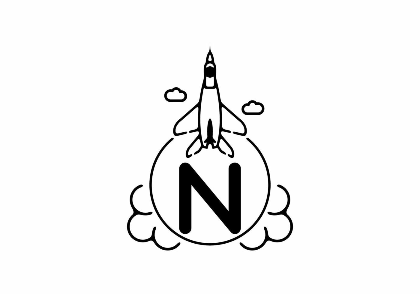 Black line art of N initial letter with flying jet vector