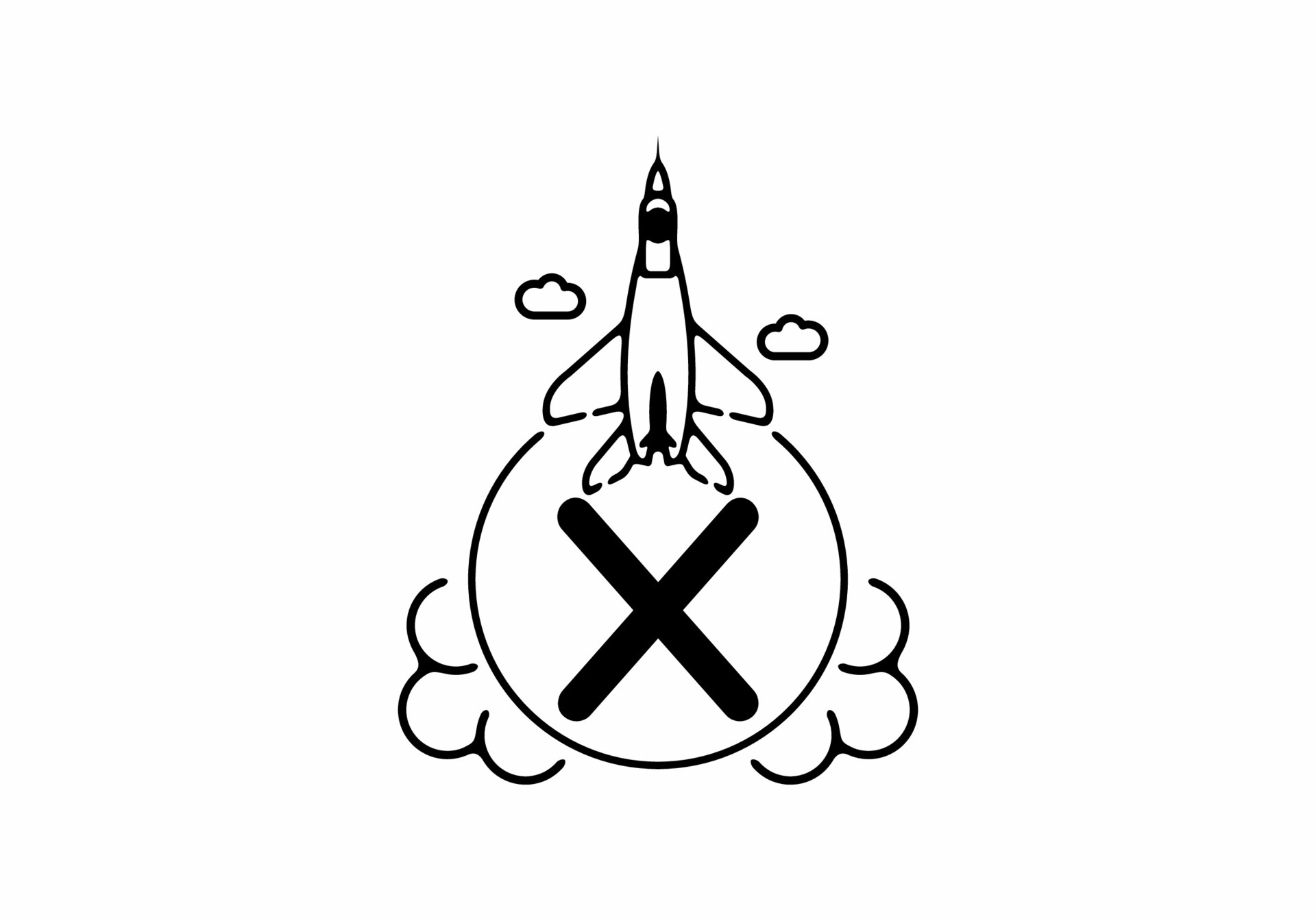 Black line art of X initial letter with flying jet 6466683 Vector Art