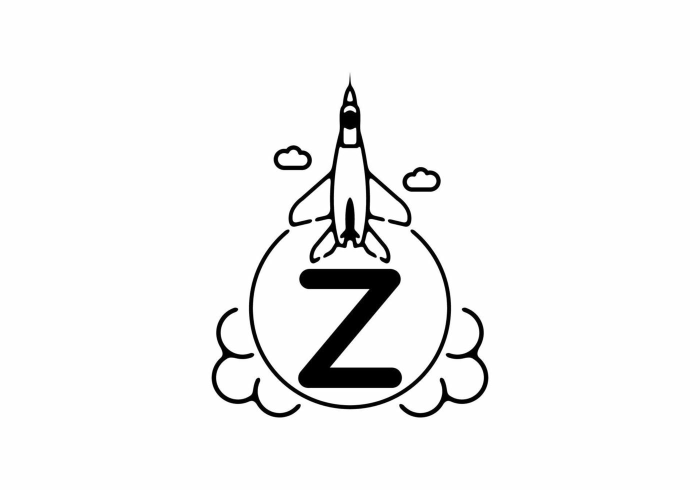 Black line art of Z initial letter with flying jet vector