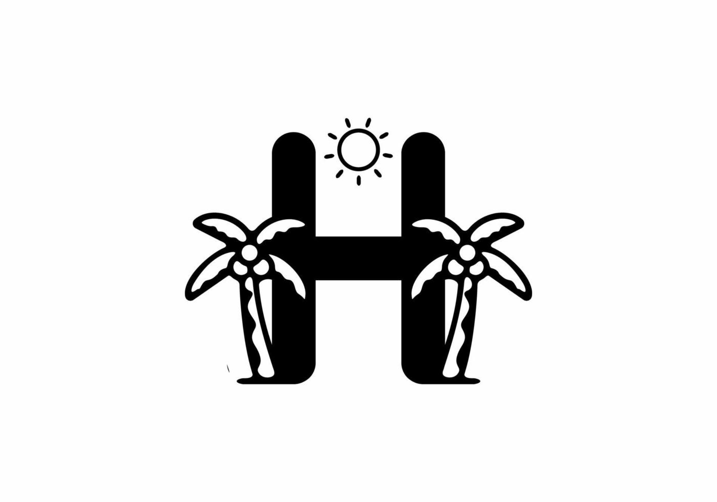 Black of H initial letter with coconut tree and sun vector