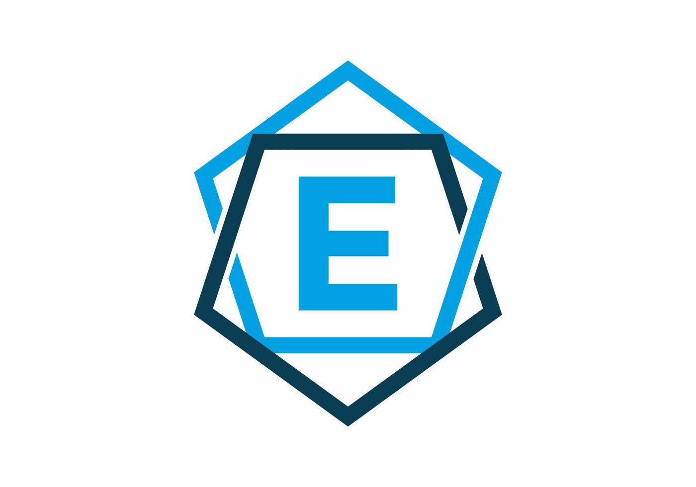 Blue color of initial letter E in pentagon frame vector