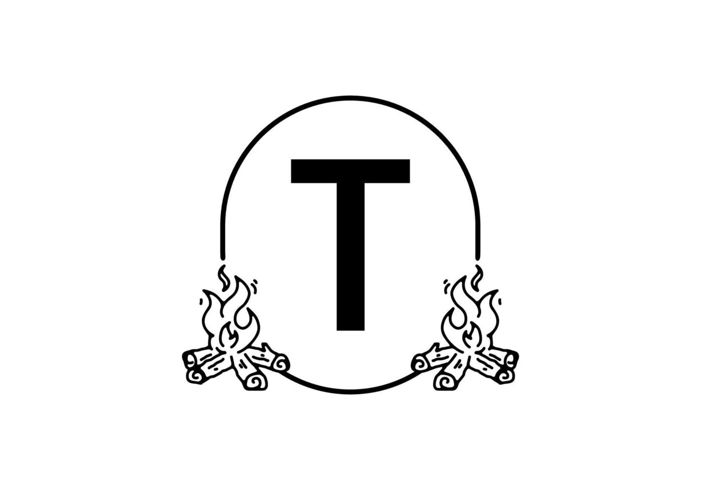 Black line art of bonfire with T initial letter vector