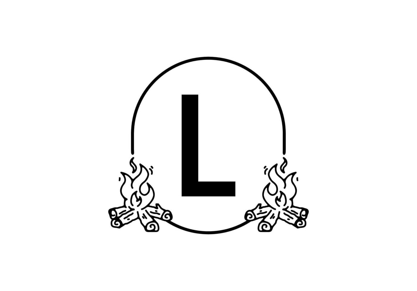 Black line art of bonfire with L initial letter vector