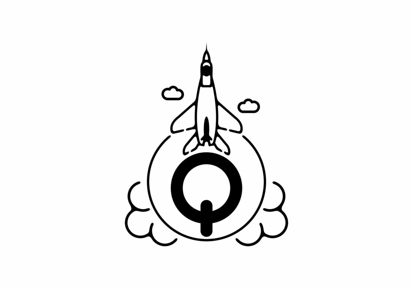 Black line art of Q initial letter with flying jet vector