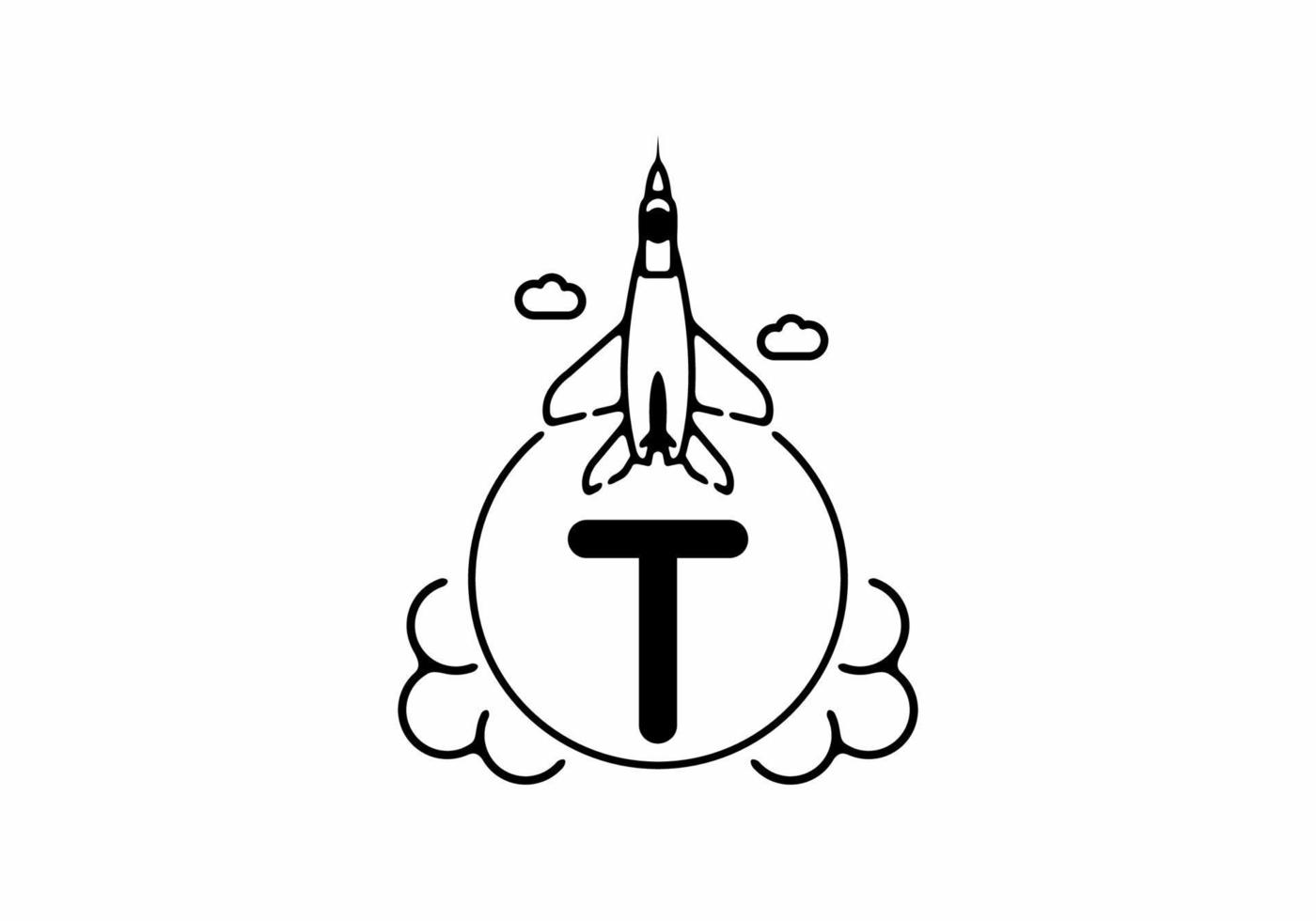 Black line art of T initial letter with flying jet vector